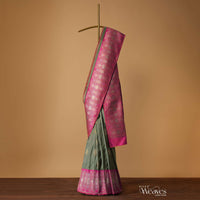 Moss Green Embroidered Uppada Silk Saree With Antique Zari And Threadwork