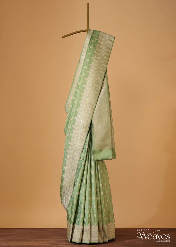 Moss Green Handloom Banarasi Saree In Satin Crepe With Traditional Gold Zari Weave And Unstitched Blouse