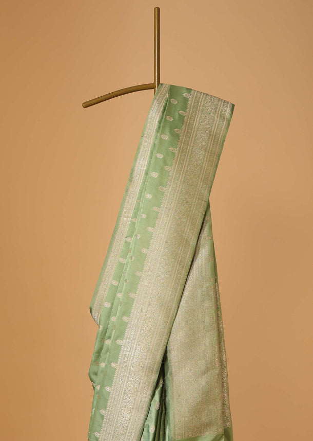 Moss Green Handloom Banarasi Saree In Satin Crepe With Traditional Gold Zari Weave And Unstitched Blouse