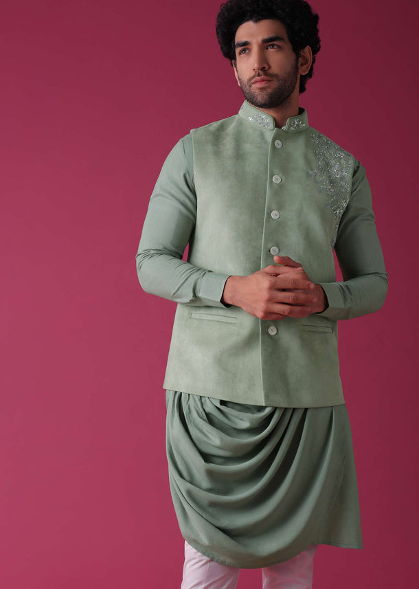 Moss Green Jacket Kurta Set In Velvet With Moti Work