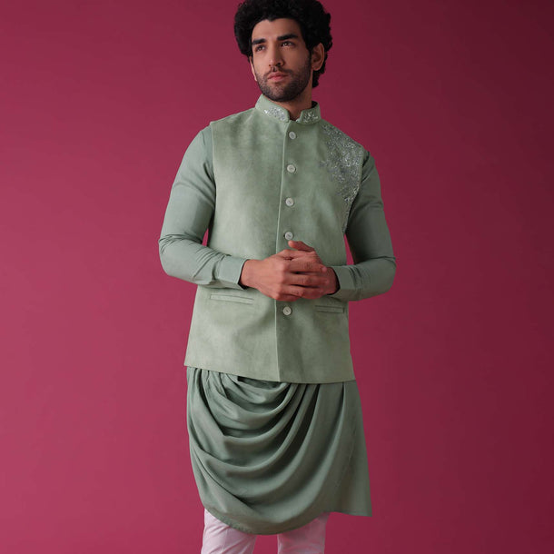 Moss Green Jacket Kurta Set In Velvet With Moti Work