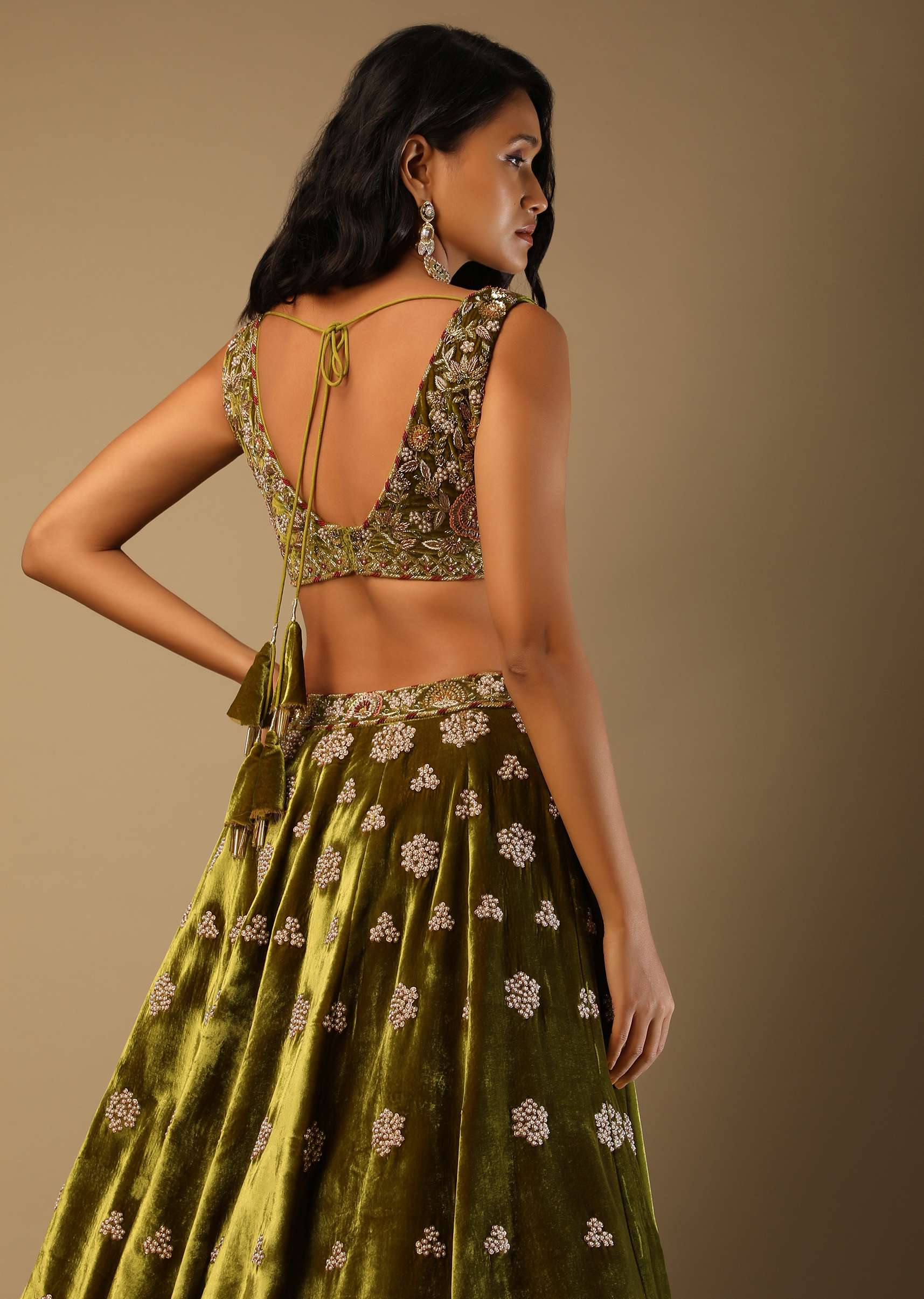 Moss Green Lehenga Choli With Multi Colored Hand Embroidered Floral Buttis