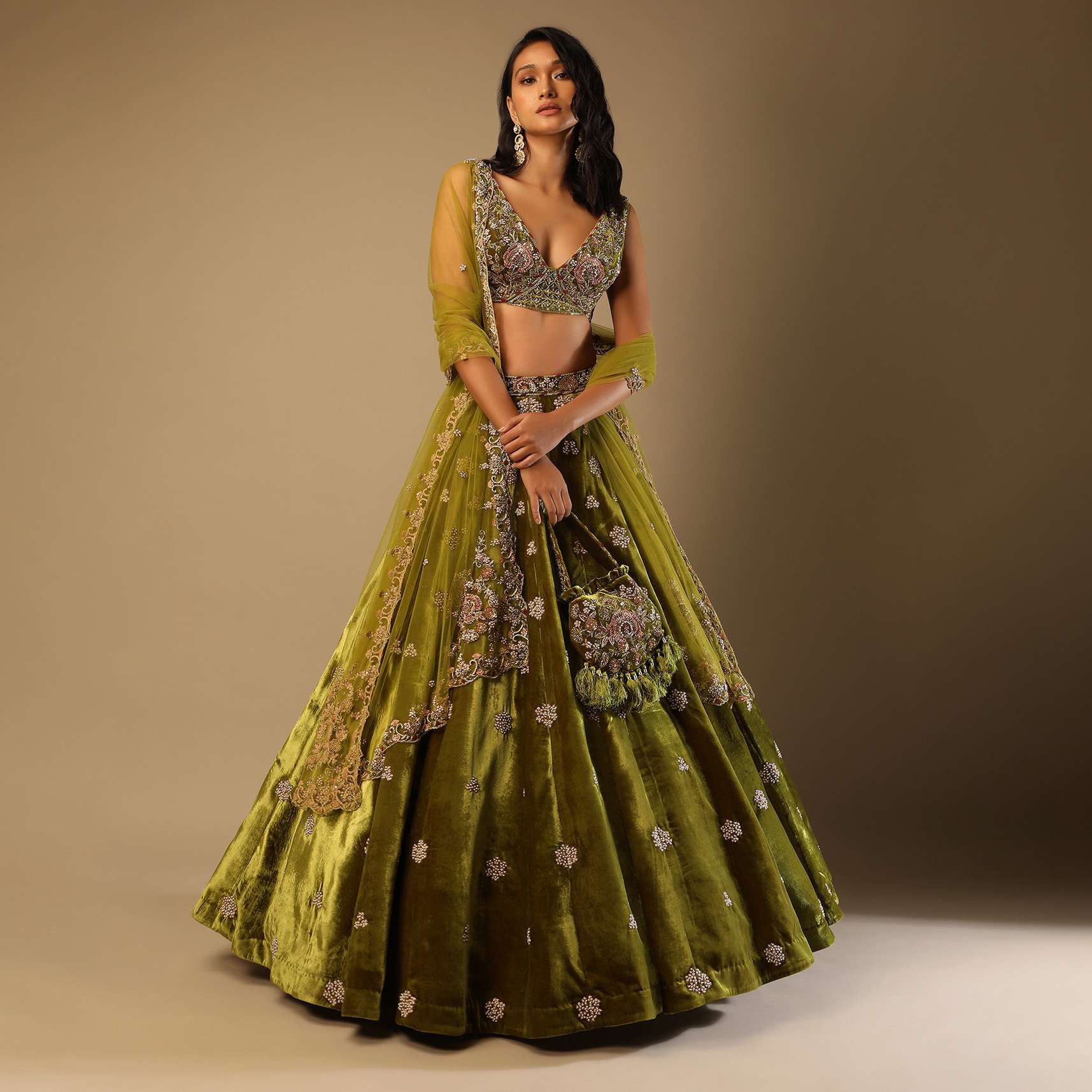 Moss Green Lehenga Choli With Multi Colored Hand Embroidered Floral Buttis