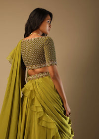 Moss Green Lehenga Saree In Crepe With Frill Drape And Hand Embroidered Choli Using Cut Dana Jaal