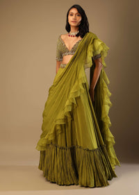 Moss Green Lehenga Saree In Crepe With Frill Drape And Hand Embroidered Choli Using Cut Dana Jaal