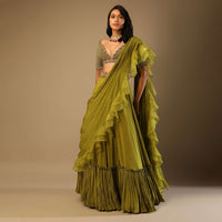 Moss Green Lehenga Saree In Crepe With Frill Drape And Hand Embroidered Choli Using Cut Dana Jaal