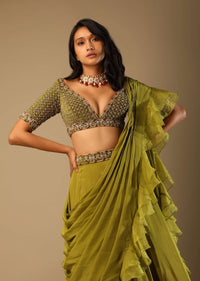 Moss Green Lehenga Saree In Crepe With Frill Drape And Hand Embroidered Choli Using Cut Dana Jaal