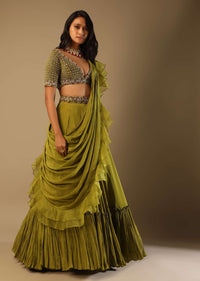 Moss Green Lehenga Saree In Crepe With Frill Drape And Hand Embroidered Choli Using Cut Dana Jaal