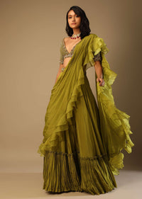 Moss Green Lehenga Saree In Crepe With Frill Drape And Hand Embroidered Choli Using Cut Dana Jaal