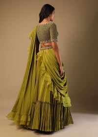 Moss Green Lehenga Saree In Crepe With Frill Drape And Hand Embroidered Choli Using Cut Dana Jaal