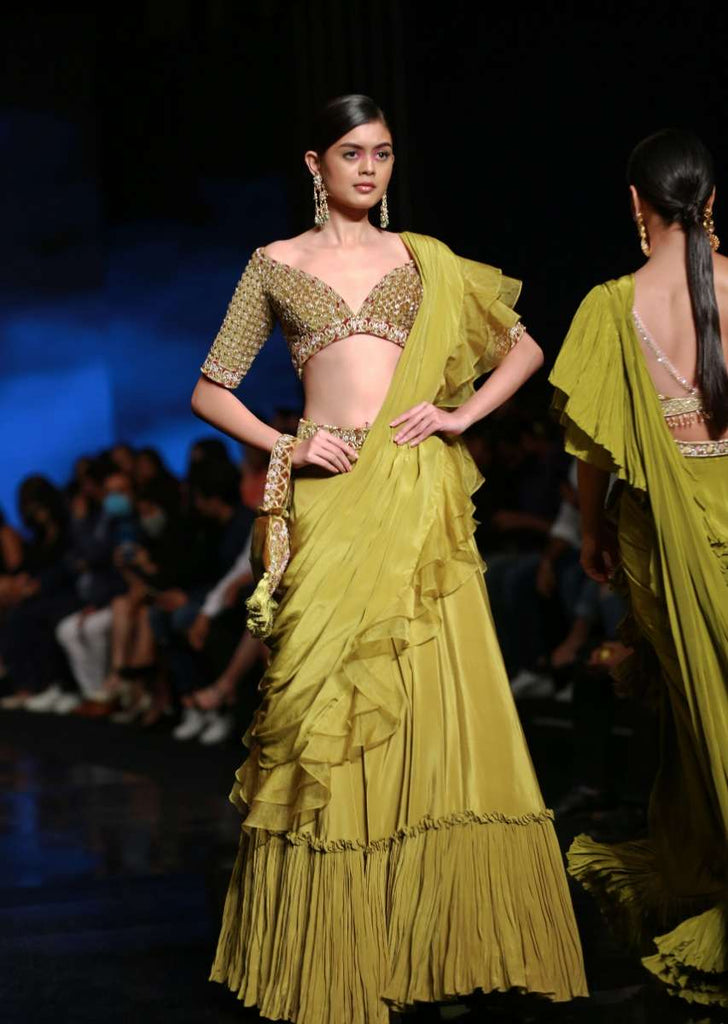 Moss Green Lehenga Saree In Crepe With Frill Drape And Hand Embroidered Choli Using Cut Dana Jaal