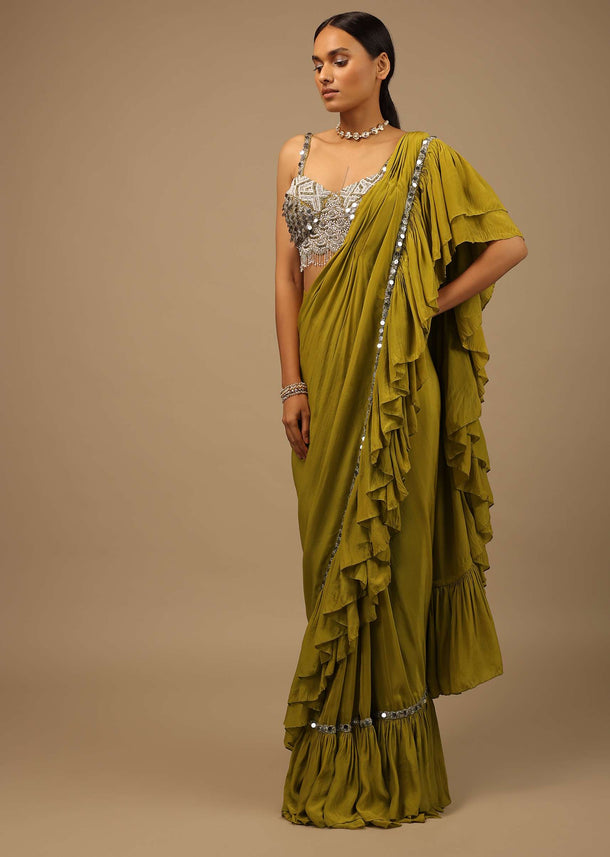 Moss Green Ready Pleated Ruffle Saree With A Heavy Sequins And Cut Dana Embroidered Crop Top