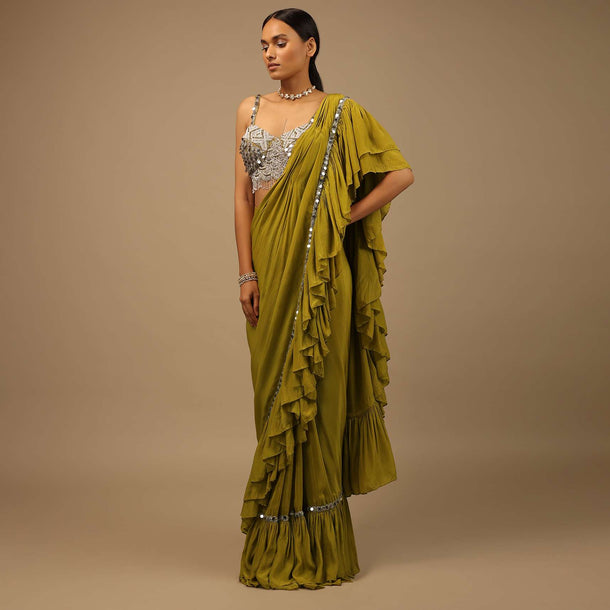 Moss Green Ready Pleated Ruffle Saree With A Heavy Sequins And Cut Dana Embroidered Crop Top