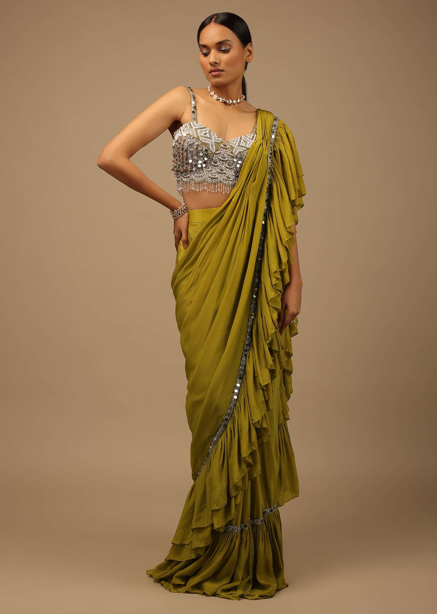 Moss Green Ready Pleated Ruffle Saree With A Heavy Sequins And Cut Dana Embroidered Crop Top