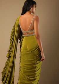 Moss Green Ready Pleated Ruffle Saree In Crepe With Multi Colored Hand Embroidered Floral Blouse