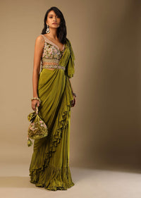 Moss Green Ready Pleated Ruffle Saree In Crepe With Multi Colored Hand Embroidered Floral Blouse