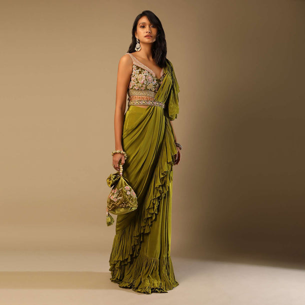 Moss Green Ready Pleated Ruffle Saree In Crepe With Multi Colored Hand Embroidered Floral Blouse
