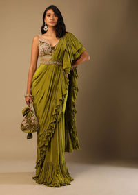 Moss Green Ready Pleated Ruffle Saree In Crepe With Multi Colored Hand Embroidered Floral Blouse