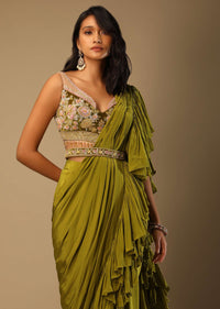 Moss Green Ready Pleated Ruffle Saree In Crepe With Multi Colored Hand Embroidered Floral Blouse