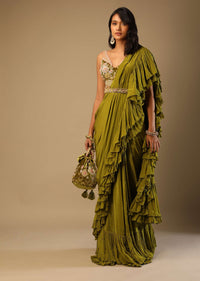 Moss Green Ready Pleated Ruffle Saree In Crepe With Multi Colored Hand Embroidered Floral Blouse