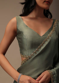 Moss Green Satin Saree With Cut Dana Work