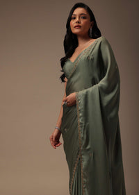 Moss Green Satin Saree With Cut Dana Work