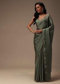 Moss Green Satin Saree With Cut Dana Work