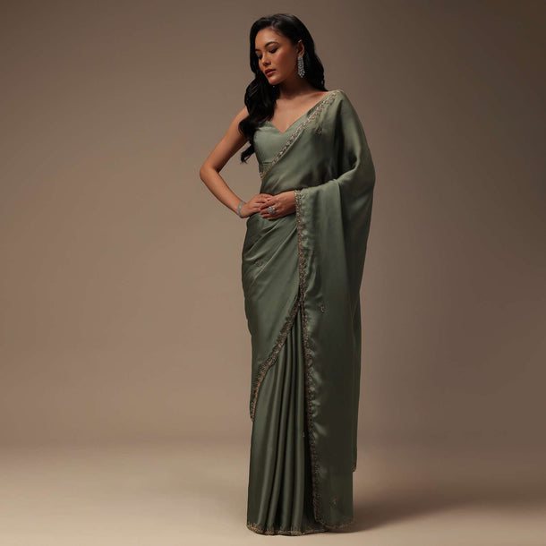 Moss Green Satin Saree With Cut Dana Work