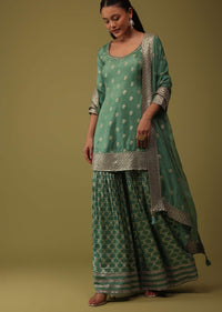 Moss Green Sequins Embroidered Kurti And Sharara Set In Silk