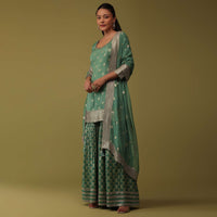 Moss Green Sequins Embroidered Kurti And Sharara Set In Silk