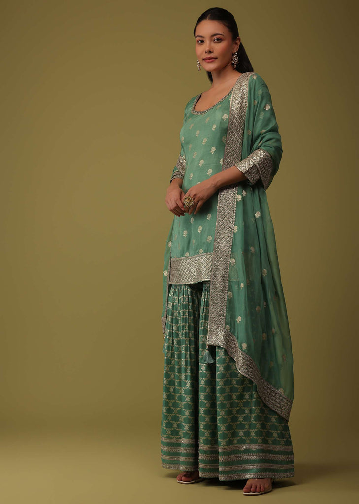 Moss Green Sequins Embroidered Kurti And Sharara Set In Silk