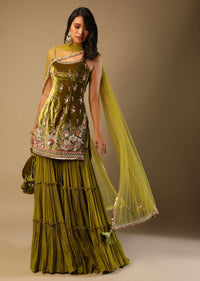 Moss Green Sharara Suit In Velvet With Multi Colored Hand Embroidery In Floral Motifs