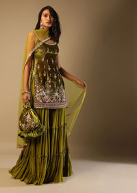 Moss Green Sharara Suit In Velvet With Multi Colored Hand Embroidery In Floral Motifs