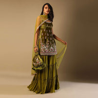 Moss Green Sharara Suit In Velvet With Multi Colored Hand Embroidery In Floral Motifs