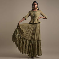 Moss Green Skirt And Peplum Top With Mirror Abla Embroidery And Zigzag Cut Hem