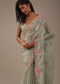 Moss Green Tissue Silk Saree With Floral Embroidery