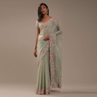 Moss Green Tissue Silk Saree With Floral Embroidery