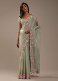 Moss Green Tissue Silk Saree With Floral Embroidery