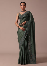 Moss Green Tussar Saree With Unstitched Blouse