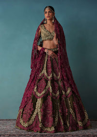 Moss Green Velvet Bridal Lehenga Set With Heavy Embroidery