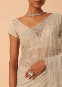 Mouse Grey Sequin Saree In Organza With Cutdana Work And Unstitched Blouse Piece