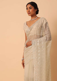 Mouse Grey Sequin Saree In Organza With Cutdana Work And Unstitched Blouse Piece