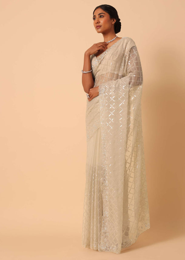 Mouse Grey Sequin Saree In Organza With Cutdana Work And Unstitched Blouse Piece