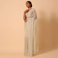 Mouse Grey Sequin Saree In Organza With Cutdana Work And Unstitched Blouse Piece