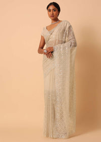 Mouse Grey Sequin Saree In Organza With Cutdana Work And Unstitched Blouse Piece