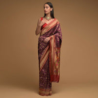 Mulberry Purple Banarasi Saree In Silk With Brocade Woven Floral Jaal And Red Brocade Border Along With Unstitched Blouse Online - Kalki Fashion