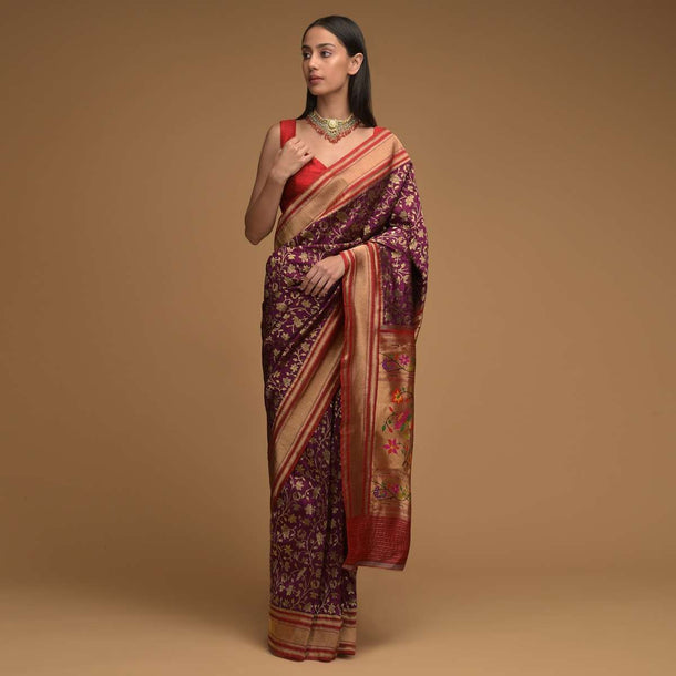 Mulberry Purple Banarasi Saree In Silk With Brocade Woven Floral Jaal And Red Brocade Border Along With Unstitched Blouse Online - Kalki Fashion