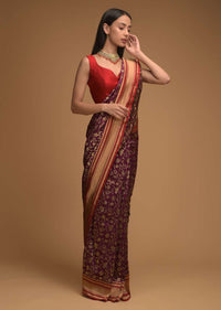 Mulberry Purple Banarasi Saree In Silk With Brocade Woven Floral Jaal And Red Brocade Border Along With Unstitched Blouse Online - Kalki Fashion