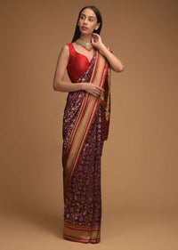 Mulberry Purple Banarasi Saree In Silk With Brocade Woven Floral Jaal And Red Brocade Border Along With Unstitched Blouse Online - Kalki Fashion