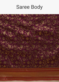 Mulberry Purple Banarasi Saree In Silk With Brocade Woven Floral Jaal And Red Brocade Border Along With Unstitched Blouse Online - Kalki Fashion